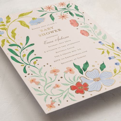 This is a blush foil stamped baby shower invitations with foil pressed by Celine Nguyen called blooming baby shower printing on signature in standard