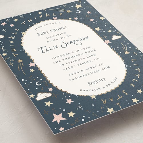 This is a celestial foil stamped baby shower invitations with foil pressed by Leah Bisch called stellar printing on signature in standard