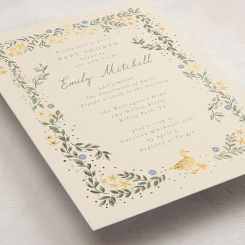 This is a vanilla foil stamped baby shower invitations with foil pressed by frau brandt called cottage life printing on signature in standard