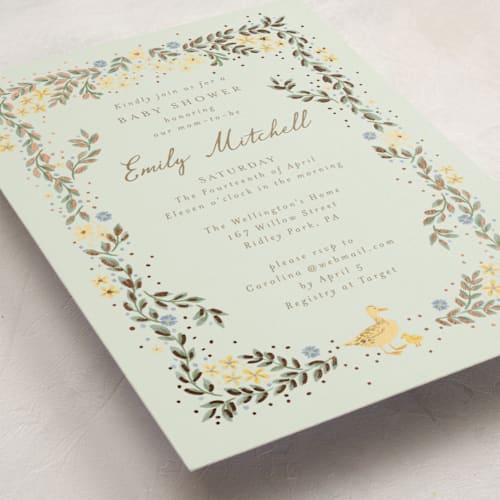 This is a moss foil stamped baby shower invitations with foil pressed by frau brandt called cottage life printing on signature in standard