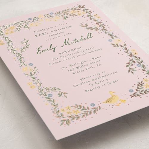 This is a blush foil stamped baby shower invitations with foil pressed by frau brandt called cottage life printing on signature in standard