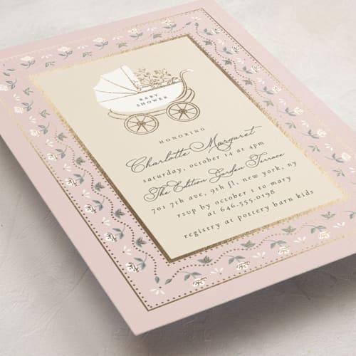 This is a antique blush foil stamped baby shower invitations with foil pressed by Ana de Sousa called petal & pram printing on signature in standard