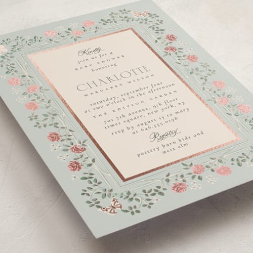 This is a antique sky foil stamped baby shower invitations with foil pressed by Ana de Sousa called parisian roses printing on signature in standard