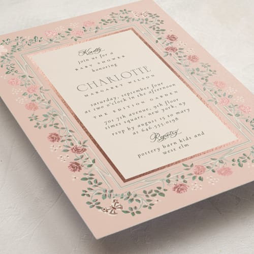 This is a petal foil stamped baby shower invitations with foil pressed by Ana de Sousa called parisian roses printing on signature in standard
