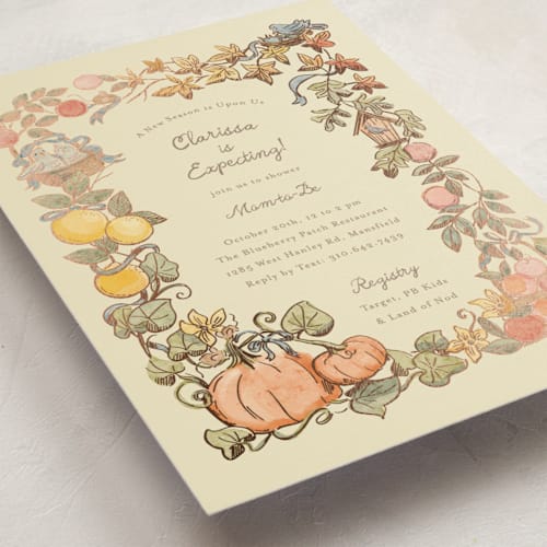 This is a ivory foil stamped baby shower invitations with foil pressed by Becky Nimoy called autumn harvest printing on signature in standard