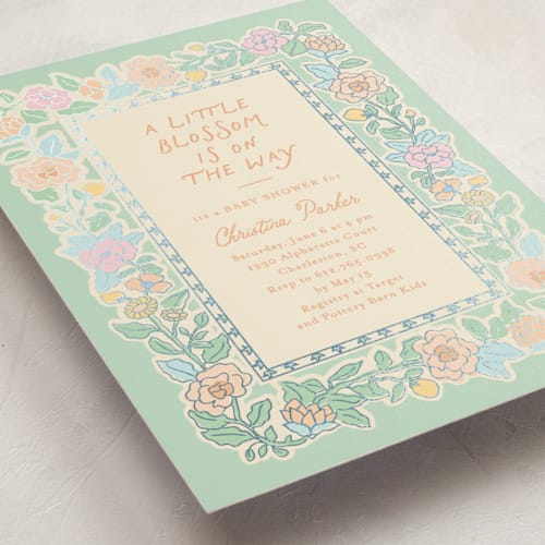 This is a garden foil stamped baby shower invitations with foil pressed by Creo Study called vintage blossom printing on signature in standard