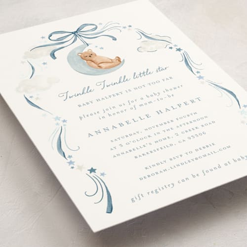 This is a moonlight foil stamped baby shower invitations with foil pressed by Sarah Knight called twinkle twinkle little star printing on signature in standard