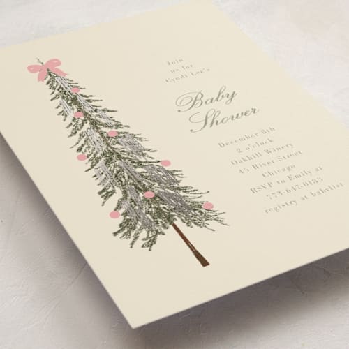 This is a peony foil stamped baby shower invitations with foil pressed by Baumbirdy called holiday bow printing on signature in standard