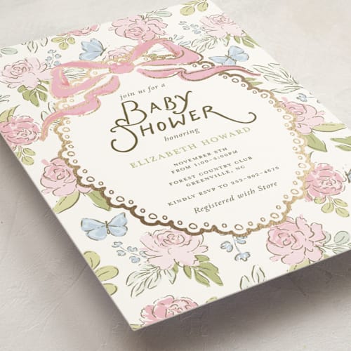 This is a peony foil stamped baby shower invitations with foil pressed by Holton Art and Design called floral & lace baby shower printing on signature in standard
