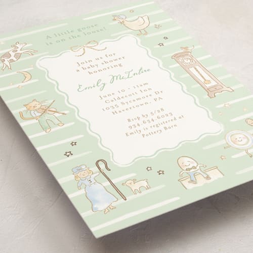 This is a mint foil stamped baby shower invitations with foil pressed by Jennifer Wick called nursery rhyme printing on signature in standard
