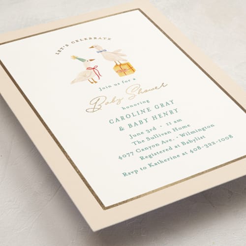 This is a lemonade foil stamped baby shower invitations with foil pressed by Julie Murray called honk for baby! printing on signature in standard