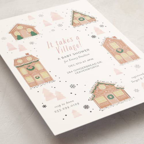 This is a blush foil stamped baby shower invitations with foil pressed by Itsy Belle Studio called gingerbread village printing on signature in standard