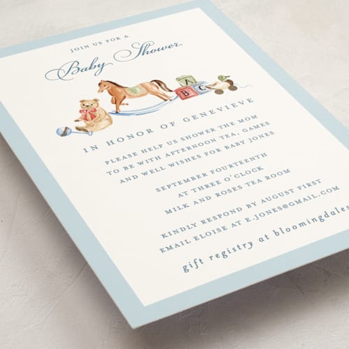 This is a sky foil stamped baby shower invitations with foil pressed by Sarah Knight called classical printing on signature in standard