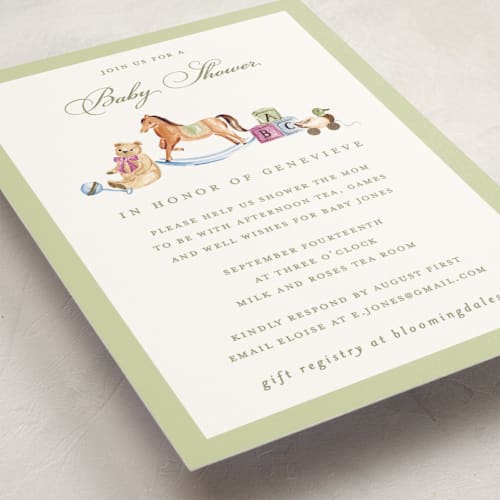 This is a candy foil stamped baby shower invitations with foil pressed by Sarah Knight called classical printing on signature in standard