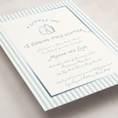 This is a sky foil stamped baby shower invitations with foil pressed by Lucrecia Caporale called arctic family printing on signature in standard