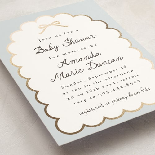 This is a sky foil stamped baby shower invitations with foil pressed by Maria Alou called scallop & little bow printing on signature in standard