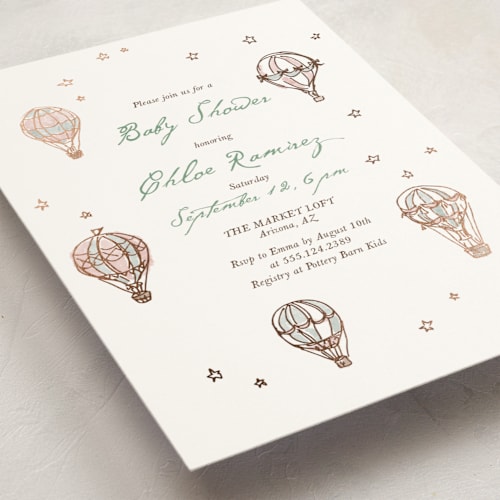 This is a coral breeze foil stamped baby shower invitations with foil pressed by Cass Loh called vintage balloon sketch printing on signature in standard