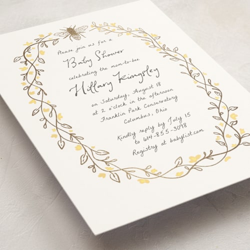 This is a buttercup foil stamped baby shower invitations with foil pressed by Heather Schertzer called soon to bee printing on signature in standard