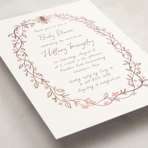 This is a rosebud foil stamped baby shower invitations with foil pressed by Heather Schertzer called soon to bee printing on signature in standard