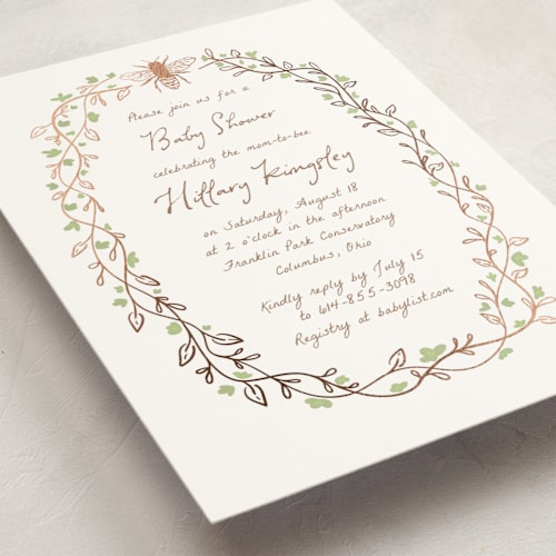 This is a garden foil stamped baby shower invitations with foil pressed by Heather Schertzer called soon to bee printing on signature in standard