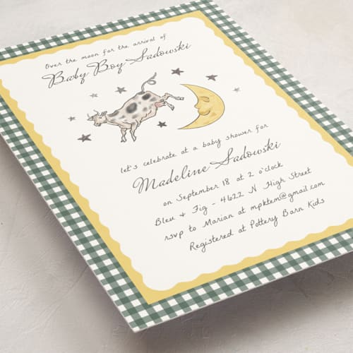 This is a dandelion foil stamped baby shower invitations with foil pressed by Heather Schertzer called over the moon printing on signature in standard