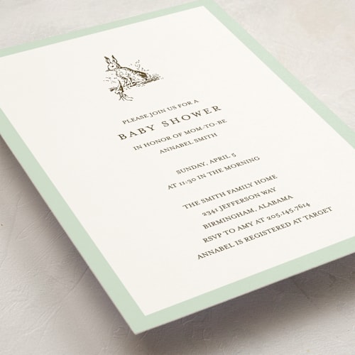 This is a mint baby shower invitations with standard by Megan Davis called classic bunny printing on signature in standard