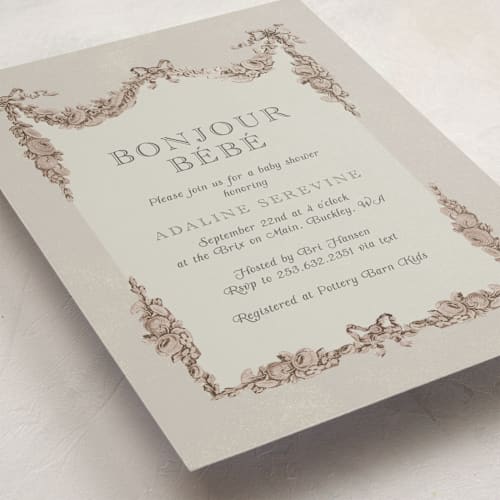 This is a greige baby shower invitations with standard by Itsy Belle Studio called bonjour bebe printing on signature in standard