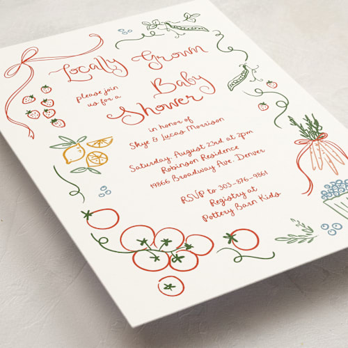 This is a tomato baby shower invitations with standard by Jenna Holcomb called locally grown sketch printing on signature in standard