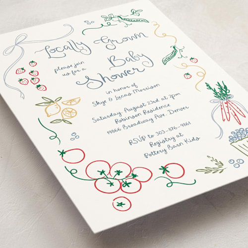 This is a blueberry baby shower invitations with standard by Jenna Holcomb called locally grown sketch printing on signature in standard