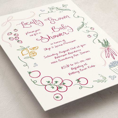 This is a raspberry baby shower invitations with standard by Jenna Holcomb called locally grown sketch printing on signature in standard