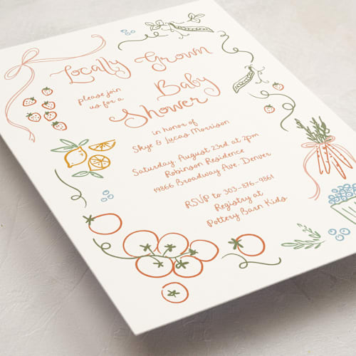 This is a apricot baby shower invitations with standard by Jenna Holcomb called locally grown sketch printing on signature in standard