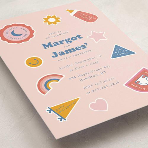 This is a candy baby shower invitations with standard by Hudson meet Rose called scout badges printing on signature in standard