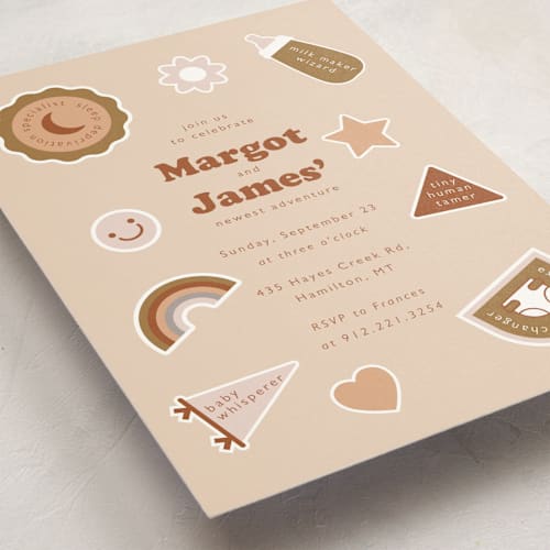 This is a earth baby shower invitations with standard by Hudson meet Rose called scout badges printing on signature in standard