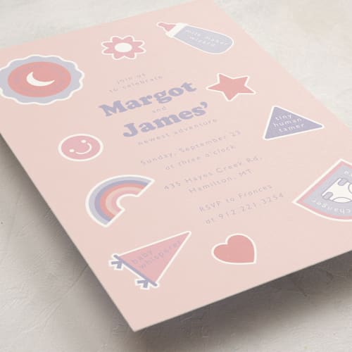 This is a sunrise baby shower invitations with standard by Hudson meet Rose called scout badges printing on signature in standard