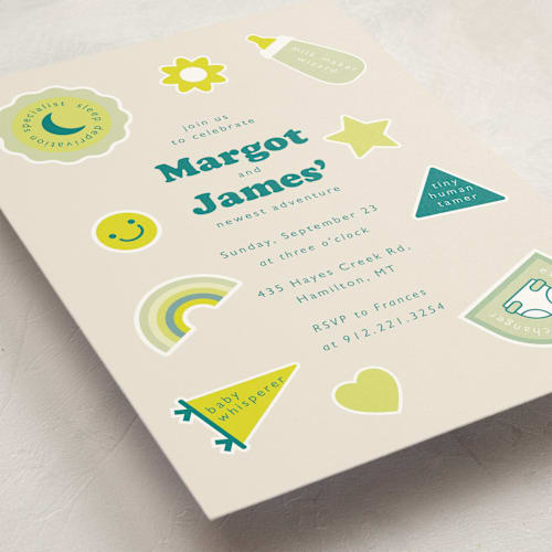 This is a nature baby shower invitations with standard by Hudson meet Rose called scout badges printing on signature in standard