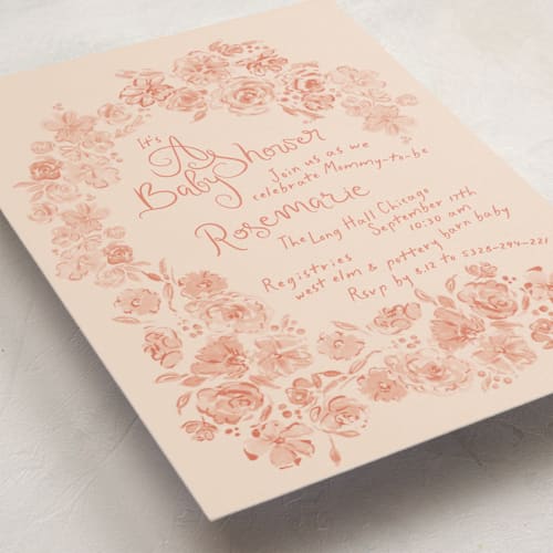 This is a peach baby shower invitations with standard by Phrosné Barwood called paris with love printing on signature in standard