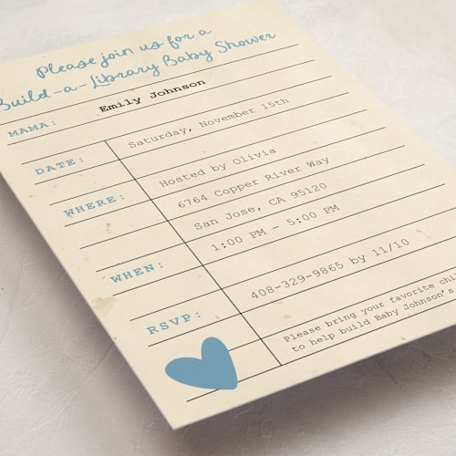 This is a denim baby shower invitations with standard by Ilene Guy called build a library printing on signature in standard