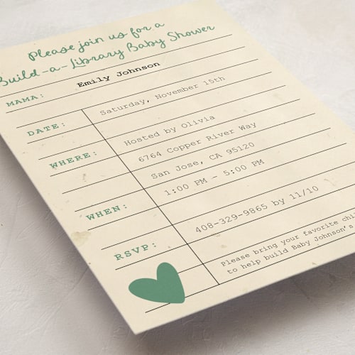 This is a emerald baby shower invitations with standard by Ilene Guy called build a library printing on signature in standard