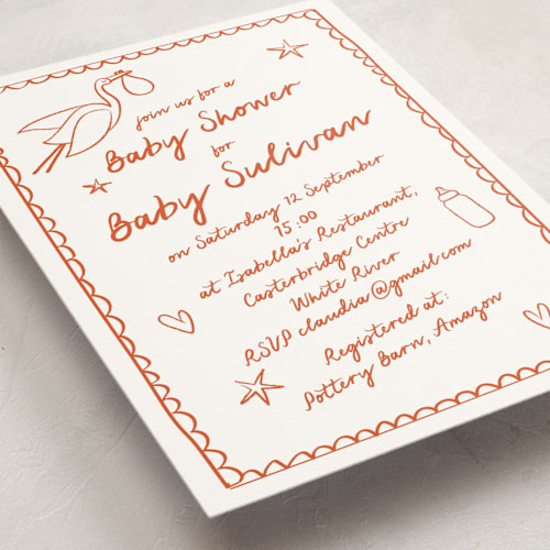 This is a tangerine baby shower invitations with standard by Zani van Zyl called stork party printing on signature in standard