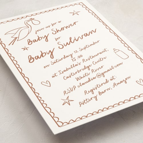 This is a mocha baby shower invitations with standard by Zani van Zyl called stork party printing on signature in standard