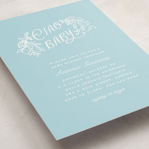 This is a ciello baby shower invitations with standard by Pati Cascino called ciao baby printing on signature in standard