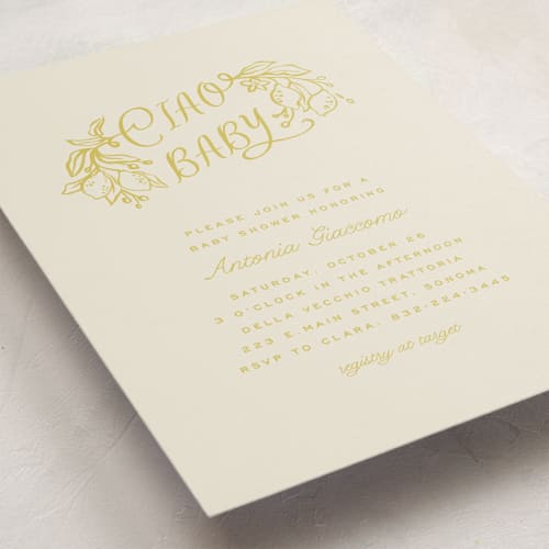 This is a limoncello baby shower invitations with standard by Pati Cascino called ciao baby printing on signature in standard