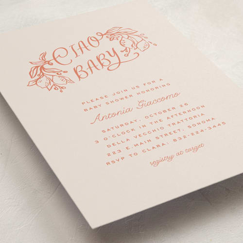 This is a coral baby shower invitations with standard by Pati Cascino called ciao baby printing on signature in standard