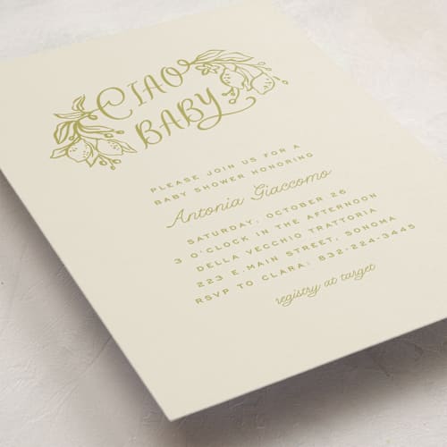 This is a olive baby shower invitations with standard by Pati Cascino called ciao baby printing on signature in standard