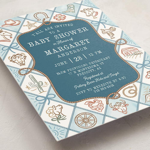 This is a denim baby shower invitations with standard by Paper Sun Studio called cowboy baby printing on signature in standard