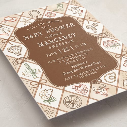 This is a saddle baby shower invitations with standard by Paper Sun Studio called cowboy baby printing on signature in standard