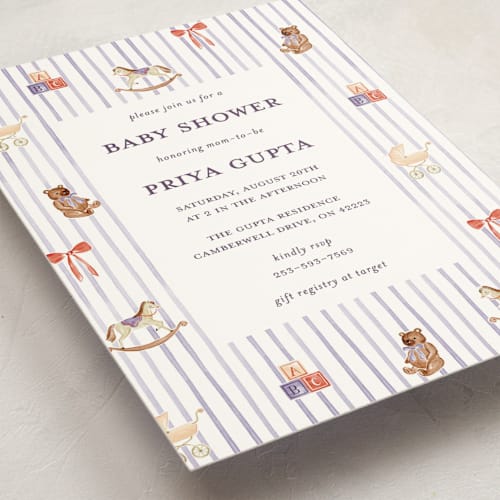 This is a mulberry baby shower invitations with standard by Sarah Knight called pinstripe printing on signature in standard