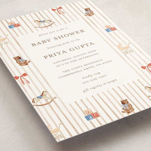 This is a coffee creamer baby shower invitations with standard by Sarah Knight called pinstripe printing on signature in standard