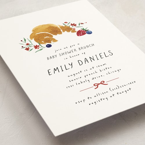 This is a strawberry baby shower invitations with standard by Kate Ahn called bonjour printing on signature in standard