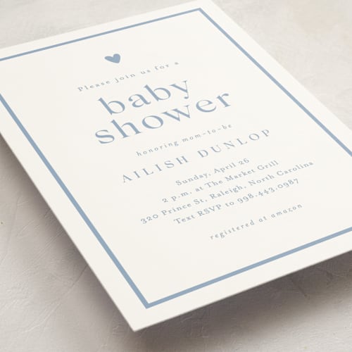 This is a provincial blue baby shower invitations with standard by Stacey Meacham called heartbeat printing on signature in standard